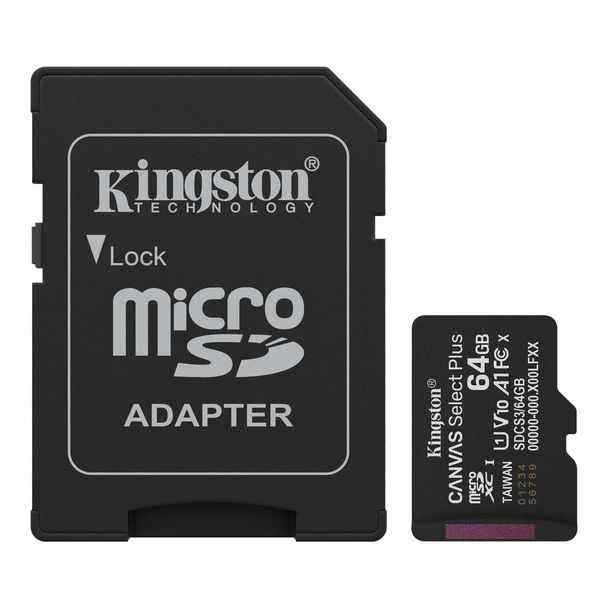 Kingston SDCS3/64GB 64GB microSDXC Canvas Select+ Gen3 A1 MicroSD Memory Card + Adapter