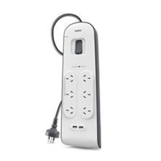 BELKIN BSV604AU2M 6 OUTLET SURGE PROTECTOR WITH 2M CORD WITH 2 USB PORTS (2.4A), 2YR WTY, $30K CEW