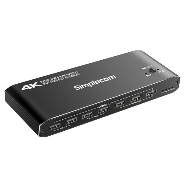 Simplecom KM590 2-Port USB-C Dual 4K HDMI Monitor KVM Switch and Docking Station with Network Sharing