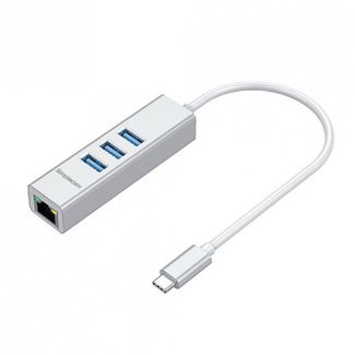 Simplecom CHN421-SILVER Silver Aluminium USB-C to 3 Port USB HUB with Gigabit Ethernet Adapter