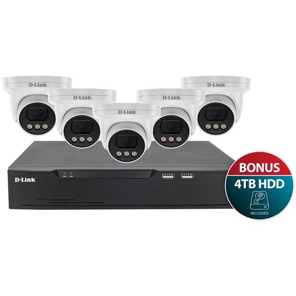 D-Link DNR8P-5MP-4TB Vigilance Surveillance Kit with 8CH NVR and Five 5MP Turret Cameras with 4TB HDD