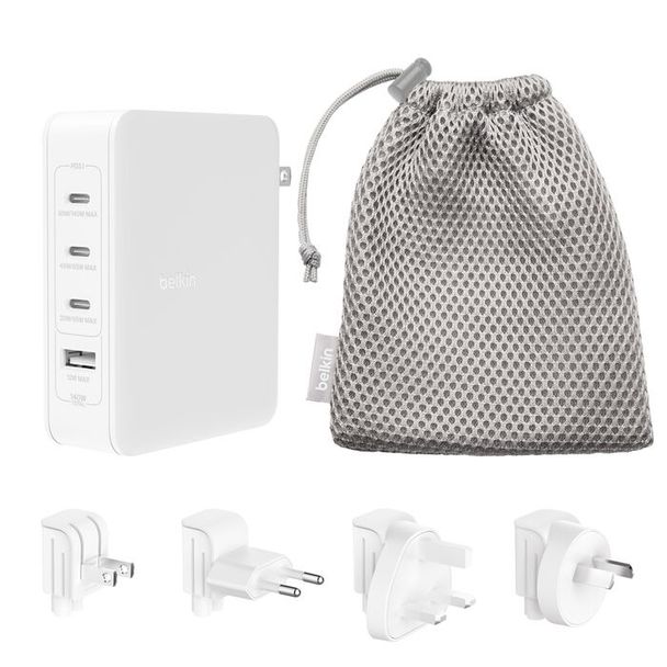 Belkin WCH014BTWH-V3 PD 140W GaN Wall Chag Wht With UK/EU+US+AU Plug