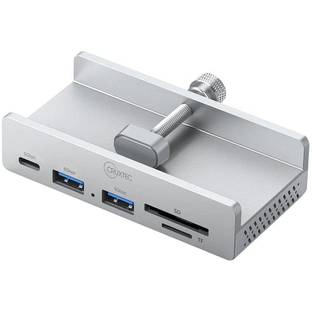 Cruxtec TC3-1C2ATS-SV 5-Port Clamp-Mounted USB 3.0 Hub with Type-C Power Port and Card Reader