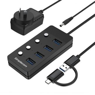 Simplecom CH345C SuperSpeed USB-A and USB-C to 4-Port USB 3.0 Hub