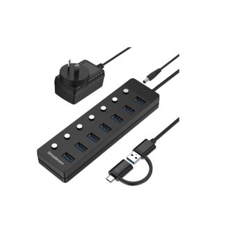 Simplecom CH375C USB-A and USB-C to 7-Port USB 3.0 Hub 5Gbps Individual Switches and Power Adapter