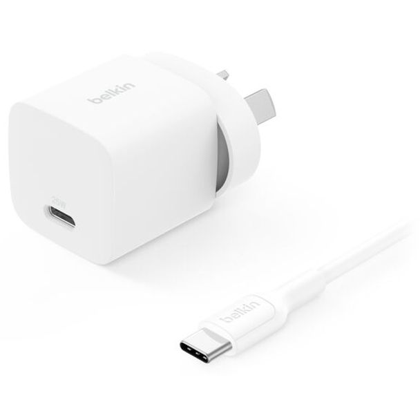 Belkin WCA012AU1MWH-B6 Boostcharge USB-C Cubic Wall Charger 25W + 1m USB-C To USB-C Cable White