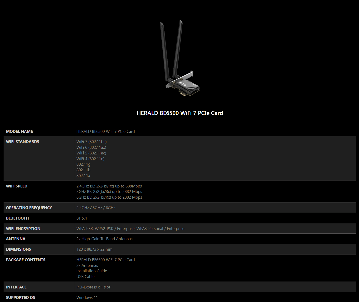 HERALD BE6500 WiFi 7 PCIe Card