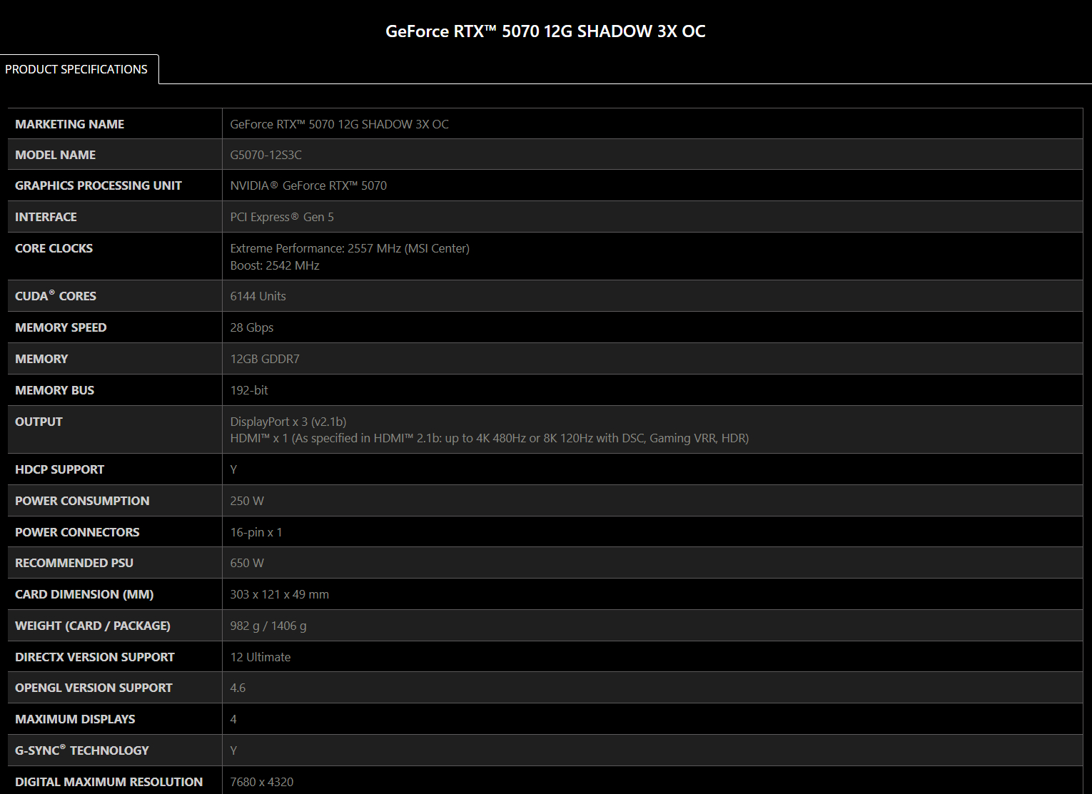 RTX 5070 12G SHADOW 3X OC