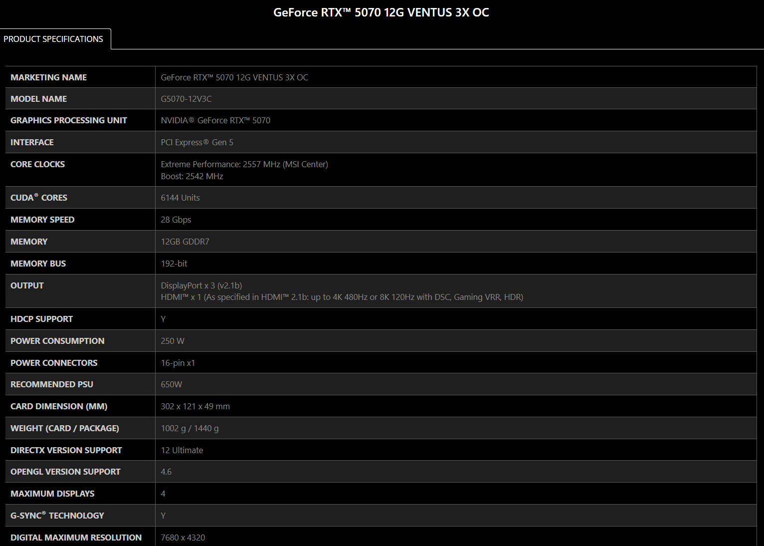 RTX 5070 12G VENTUS 3X OC